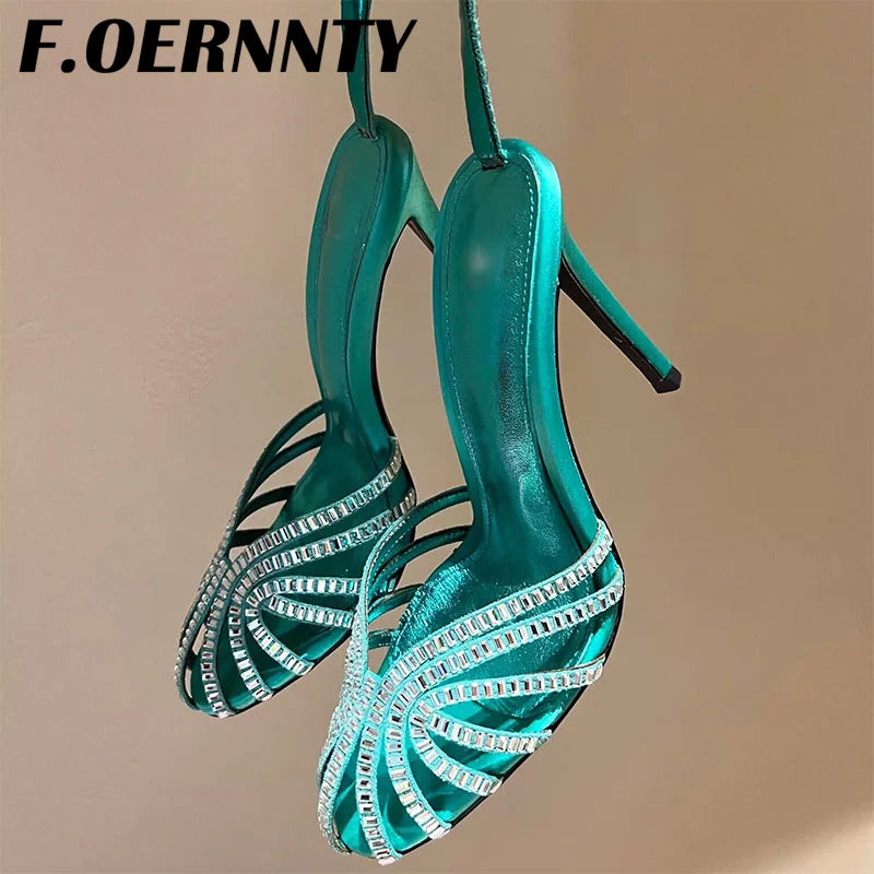 Summer New Rhinestone Closed Toe Runway Sandals Women Weave Hollow Stiletto Sandals Sexy Ankle Strap Crystal Sandals Women