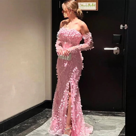 Romantic Elegant Party Dresses Woman Organza Mermaid Valentine's Day Dress Pink Off-the-shoulder Applique Side Split Prom Dress