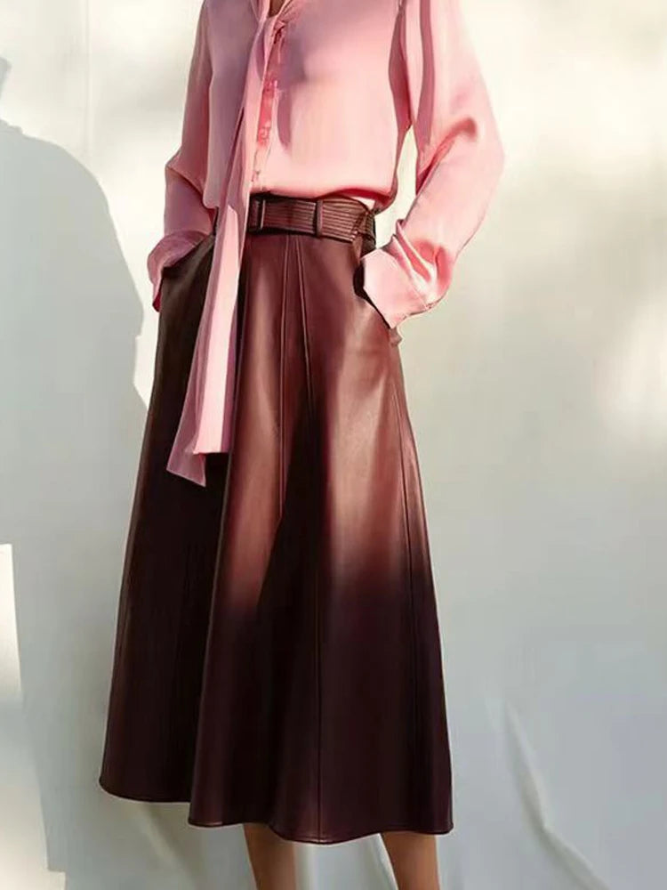 Burgundy Long Leather Skirt for Women 2025 Branded New French Elegant Genuine Sheepskin Umbrella Longuette With Belt Jupe Femme