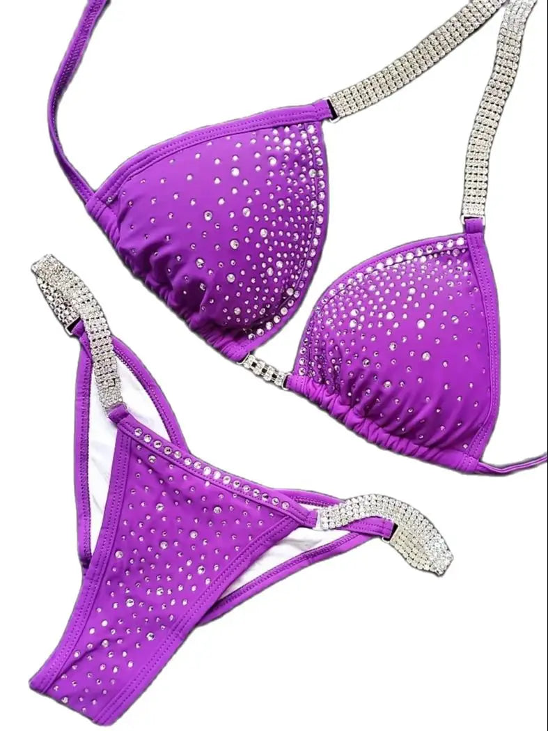 NPC IFBB Competition Bikini Posing Suit for Women Rhinestone Connectors Scrunch Bikini