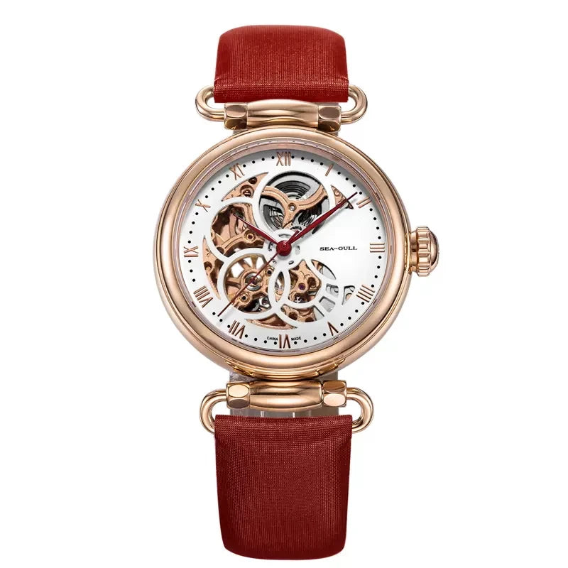 Seagull Fashion Women's Watch Leather Strap Waterproof Skeleton Automatic Mechanical For Ladies Watch Necklace Set 6002L Series