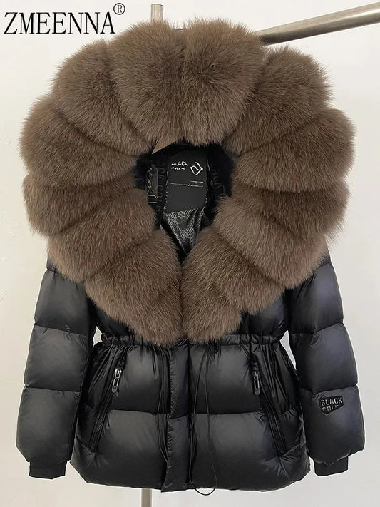 ZMEENNA Women's Black Puffer Down Jacket With Oversized Real Fur Hood Winter Warm Coat Luxurious Quilted Outerwear ZM3375