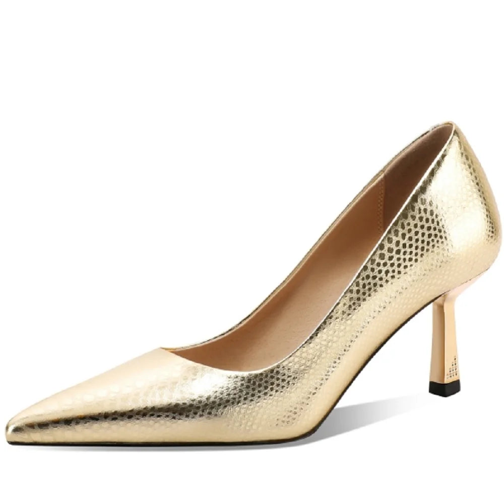 【JOCHEBED HU】Women Pumps Genuine Leather Pointy Toe 6.5CM Thin High Heels Dress Party Prom Basic Shoes Woman Large Size 33-43