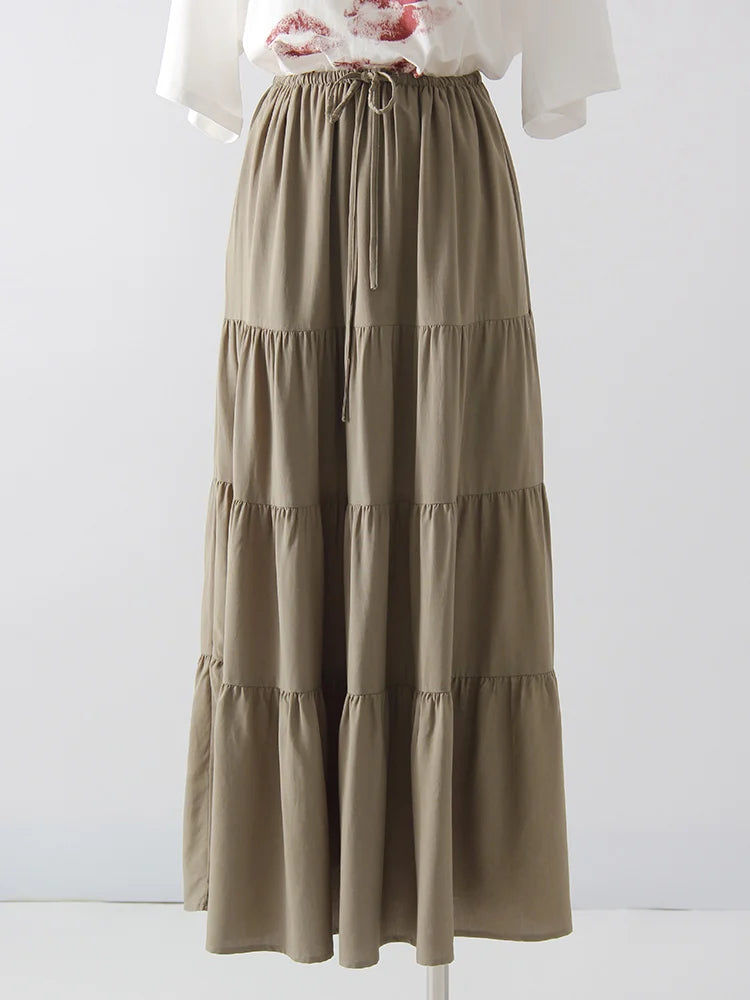 Brown Long Skirt Women Summer Cotton Ruffle Floral Skirt Woman Luxury Green Tie Up Loose White Women Long Skirts High Waisted