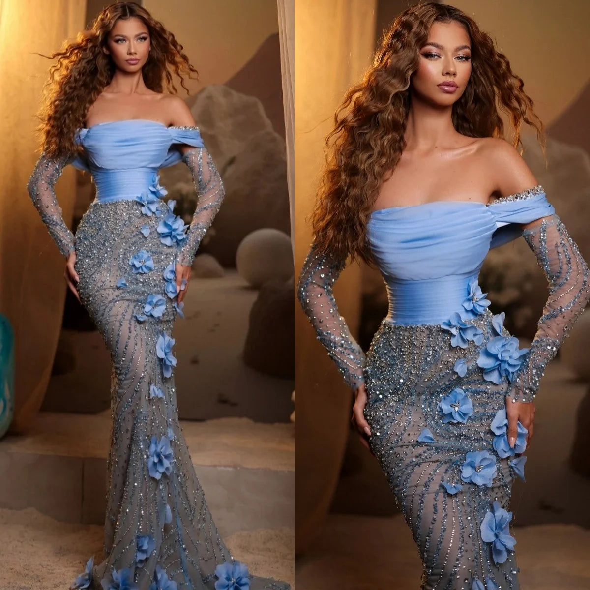 See Through Evening Dresses Sequins Prom Dress Off Shoulder Flowers Customized Princess Rhinestone Party Gowns Vestidos De Noche