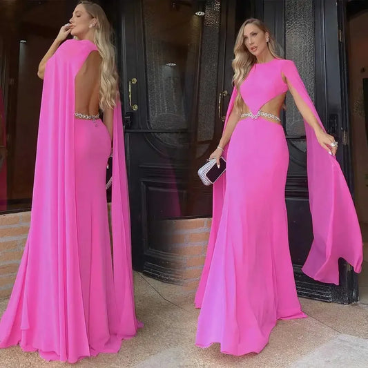 Customized Romantic Chiffon Evening Gown Crew-Neck Solid Color Hollow Sash Backless Pleated Women‘s Floor Length Party Dress