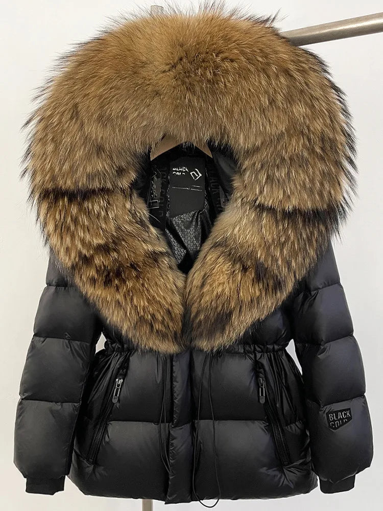 ZMEENNA Women's Black Puffer Down Jacket With Oversized Real Fur Hood Winter Warm Coat Luxurious Quilted Outerwear ZM3375