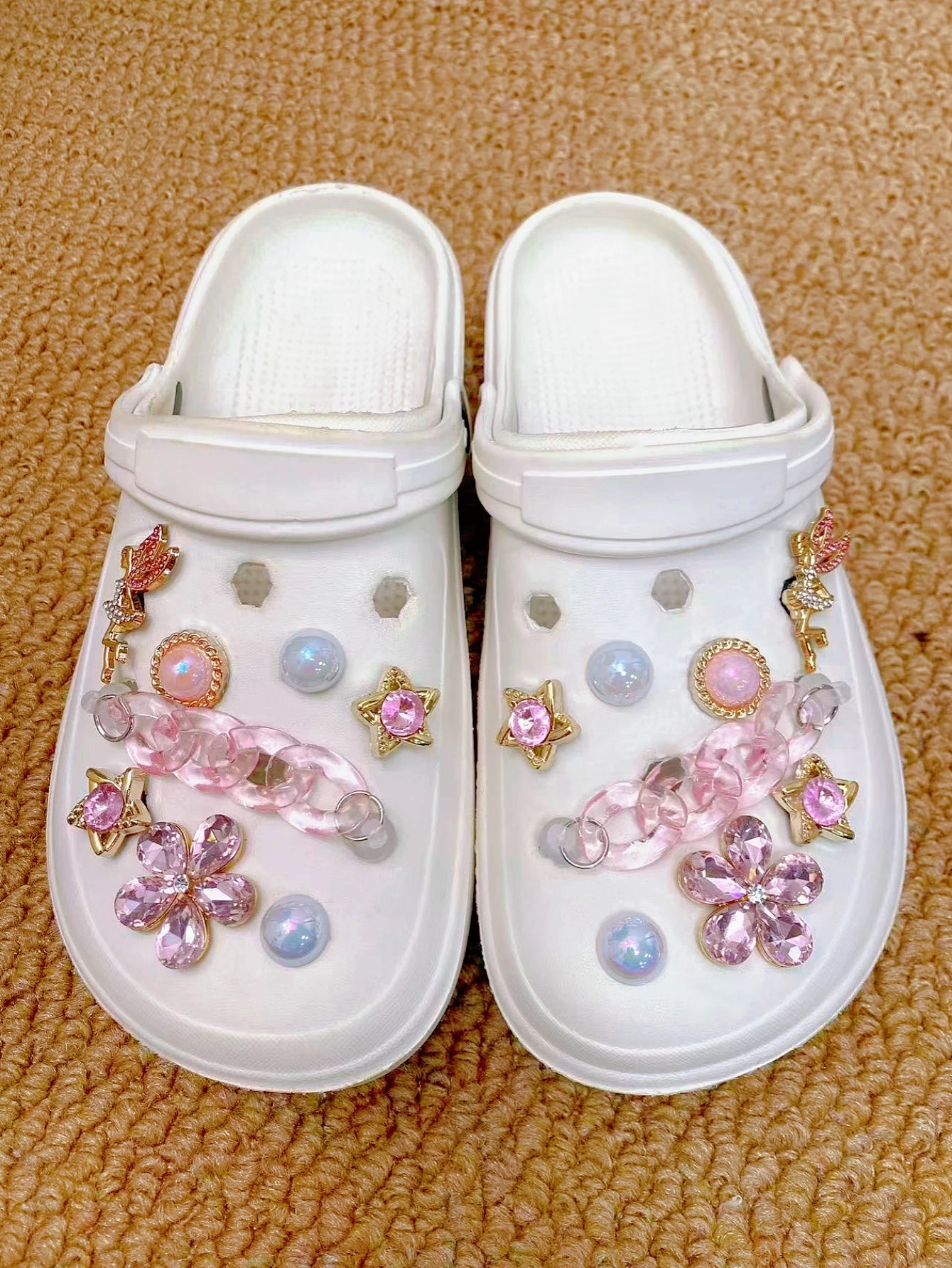 16 pieces of pink crystal chains, fairies, five-petal, beads, pink stars and other crocs accessories, ABS shoe flowers, DLY deco