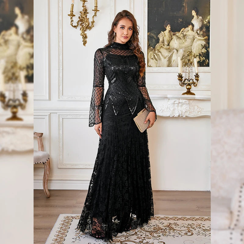 2025 New Sexy Elegant party dresses woman Black Prom Vintage great gatsby Evening dress Long Sleeve Lace Formal Dresses