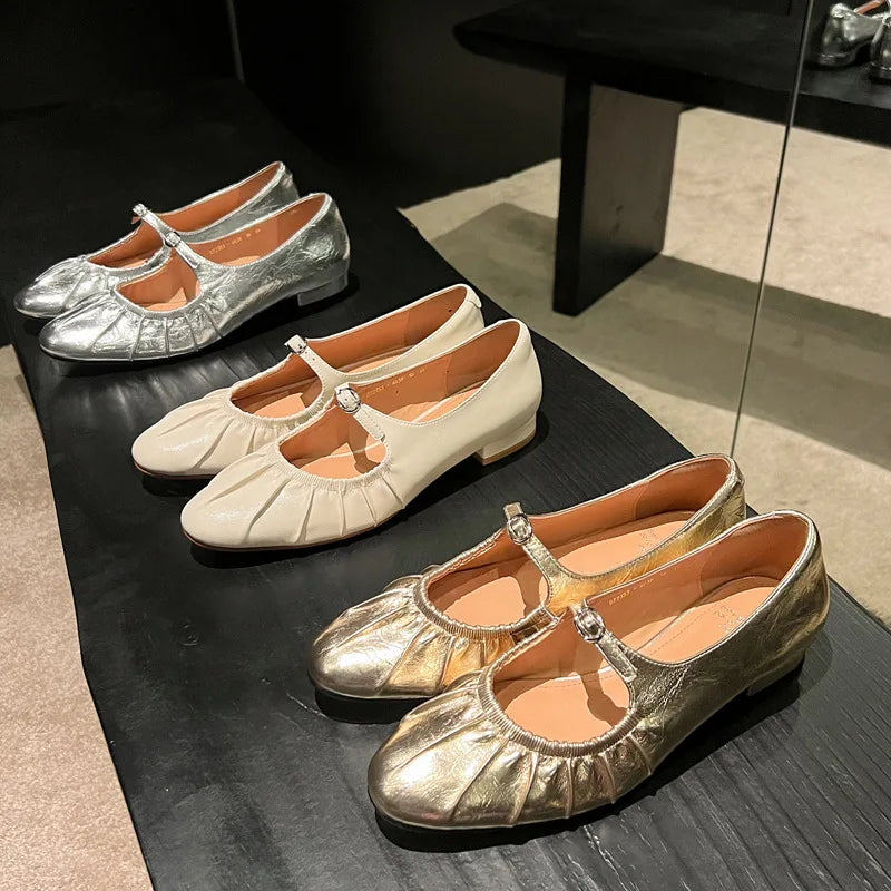 S2509 Soft Crinkled Lambskin Mary Jane Flats Spring 2025 Chunky Pointed Toe Genuine Leather Women's Shoes Shoes