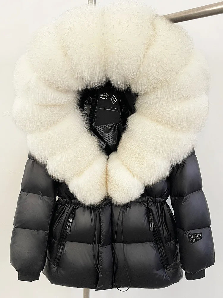 ZMEENNA Women's Black Puffer Down Jacket With Oversized Real Fur Hood Winter Warm Coat Luxurious Quilted Outerwear ZM3375