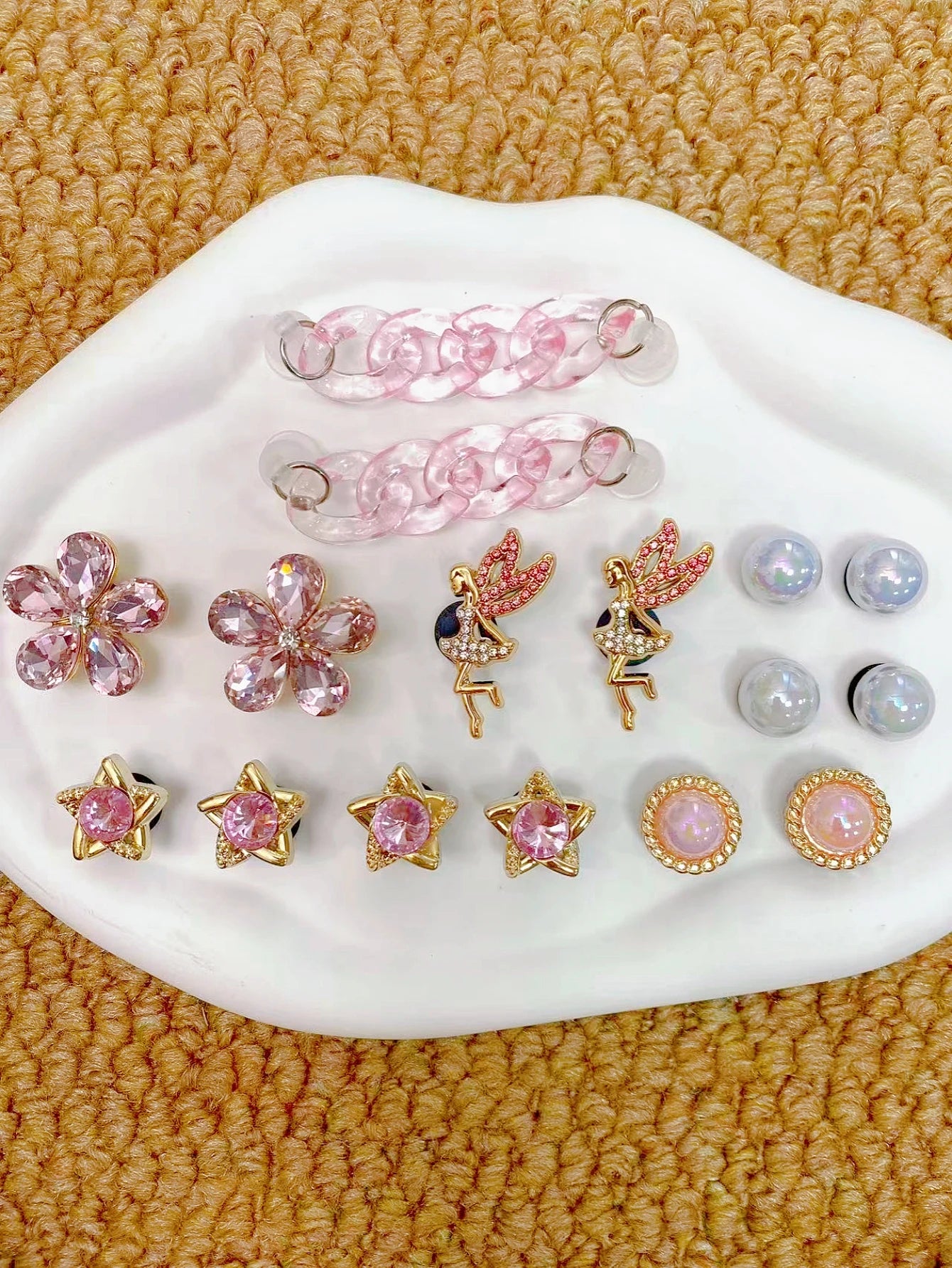 16 pieces of pink crystal chains, fairies, five-petal, beads, pink stars and other crocs accessories, ABS shoe flowers, DLY deco