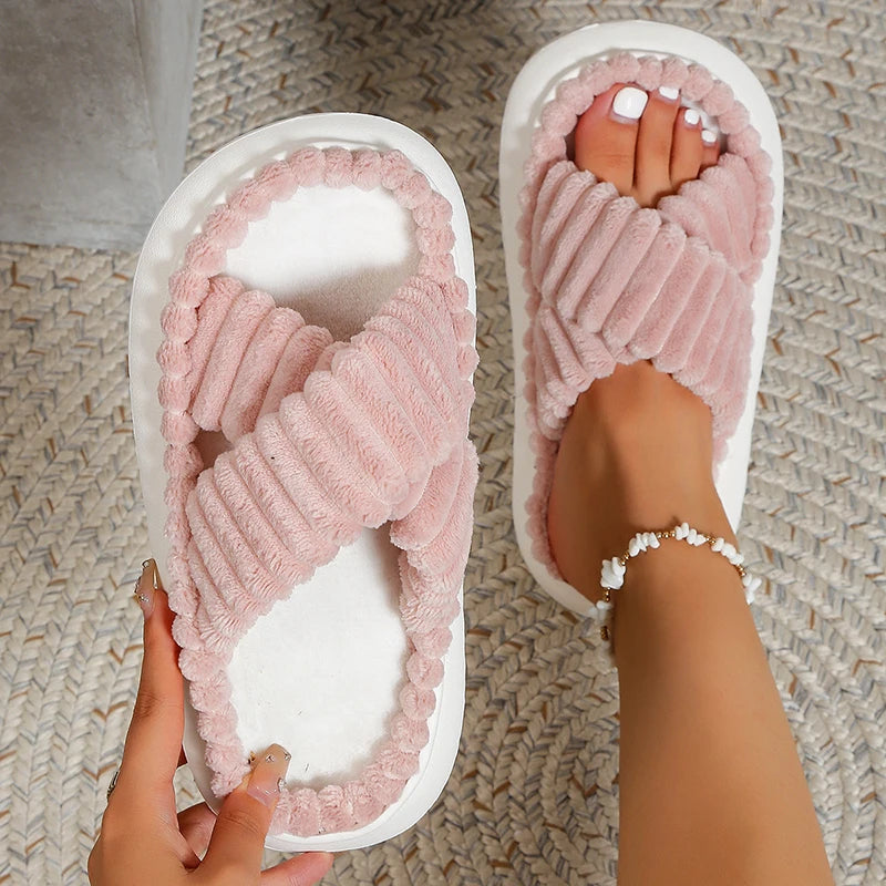 winter women house slippers cross strap soft Platform Slides Ladies Elegant Open Toe Big Size casual flats indoor