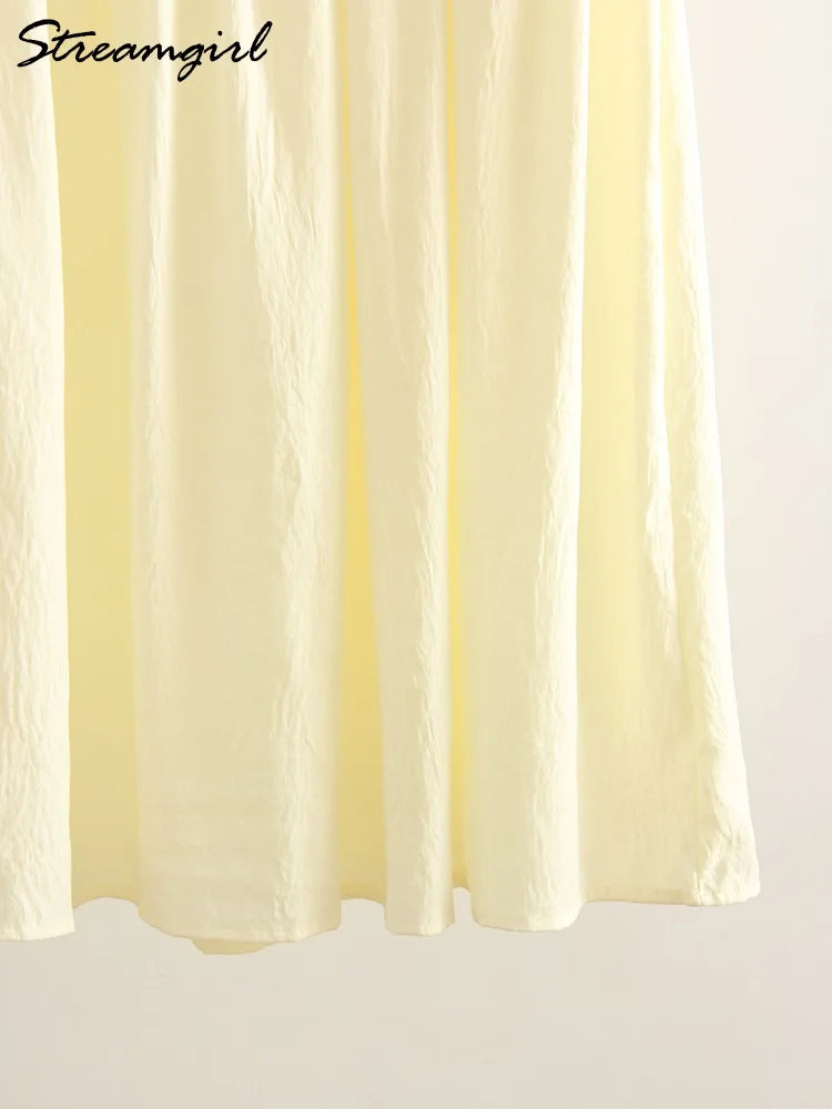 White Long Cake Skirt Women Summer Loose Yellow Skirts Ruffles Female High Waist Lazy Cake Midi Skirts With Pockets A Line Pink