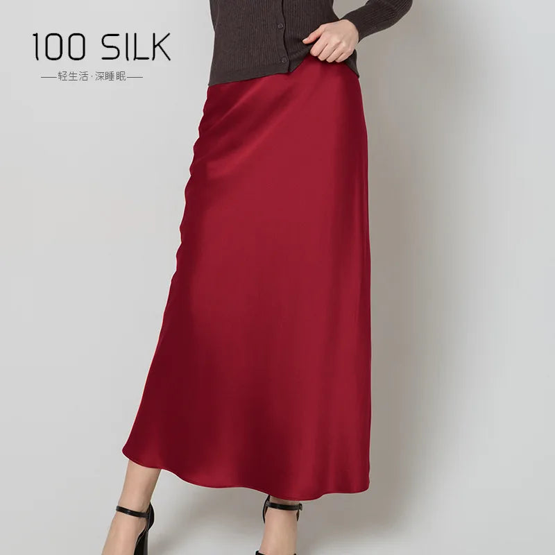 BirdTree, 22MM 100%Real Silk Elegant Skirt, Women Elastic Waist Satin, High Quality Fashion Skirt, 2024 Summer Fall B47024QM