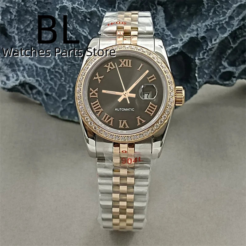 BLIGER 31mm NH05 Automatic Watch For Women Pink Gold Gray Purple Sunburst White Mother Pearl Dial Diamond Index Steel Bracelet
