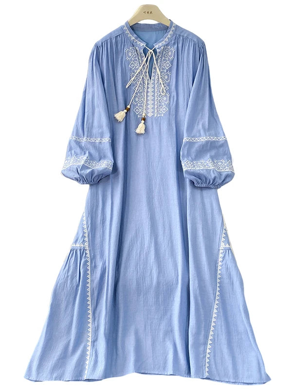 Blue Heavy Embroidery Gentle Wind Long Dr Women's Loose Lantern Sve Stand Collar Spring Autumn Faion plus Size Dr