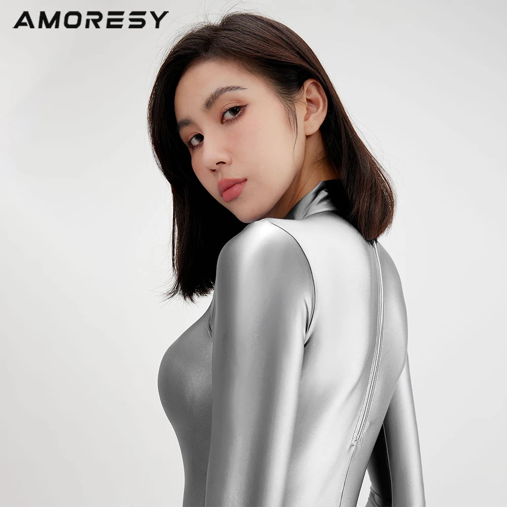 AMORESY Silky Sheen One-piece Bodice Crotch Long-sleeved Woman Solid Color Bottom Zipper Dead Body Swimsuit