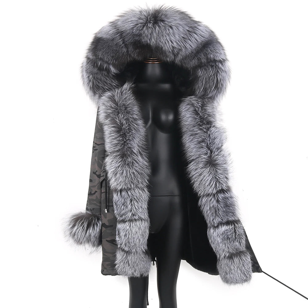 2025 Women's jacket Natural Real Fox fur Jacket Hooded black Woman parkas Winter warm Coat Parkas