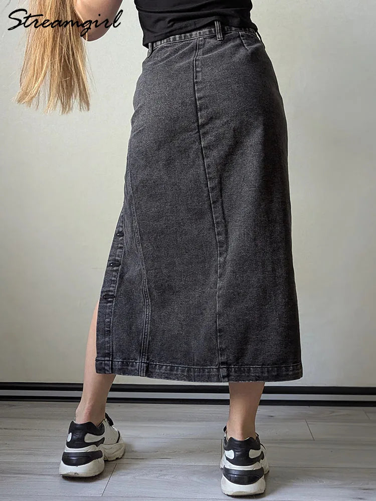 Women Midi Denim Skirt High Waist Summer Long Black Button Jeans Skirt Woman Casual A Line Slit Maxi Denim Skirts For Women