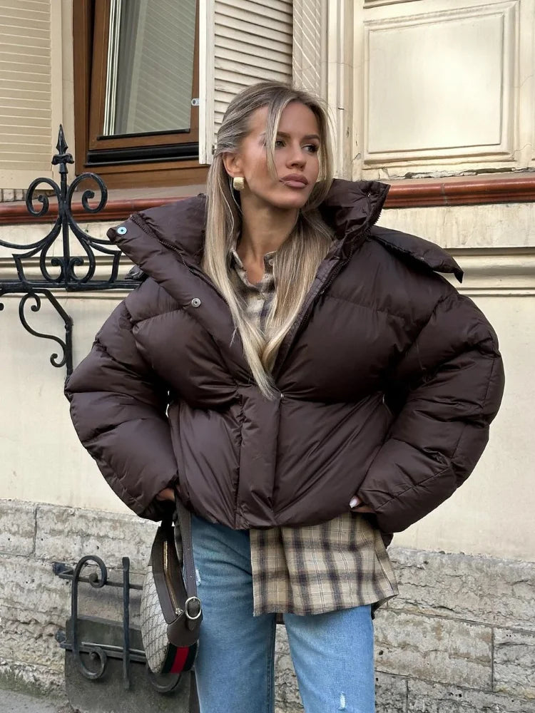Deep Brown Short Cotton Coat Women Casual Lapel Full Sleeve Single Breasted Loose Jacket Lady 2025 Winter Office Commute Outwear