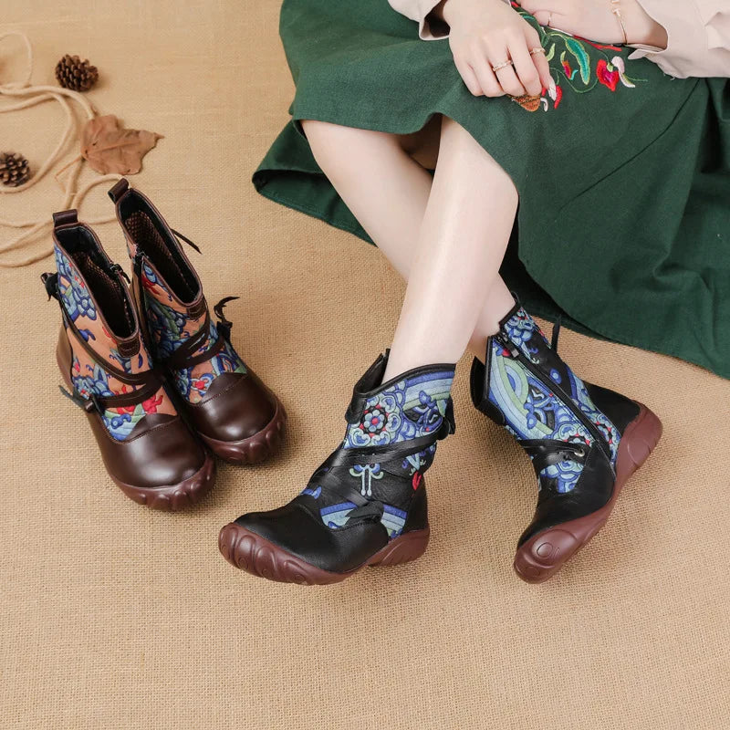 Xiuteng 2023 Ethnic Style Printed Retro Genuine Leather Shoes Women's Boots For Warmth And Comfort Cotton Ankle Shoes