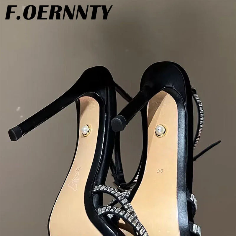 Summer New Rhinestone Closed Toe Runway Sandals Women Weave Hollow Stiletto Sandals Sexy Ankle Strap Crystal Sandals Women