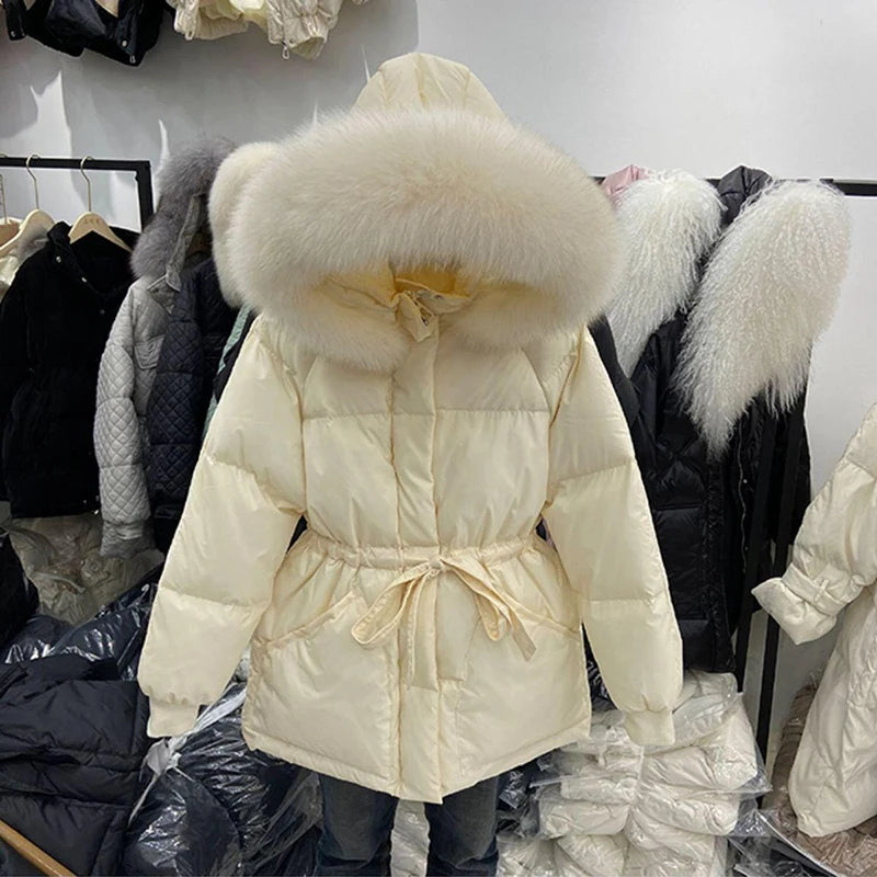 Winter Natural Fur Collar Women Down Jacket Light Warm Coat Female Jacket Women With Belt Loose Drawstring Hooded Parka Overcoat