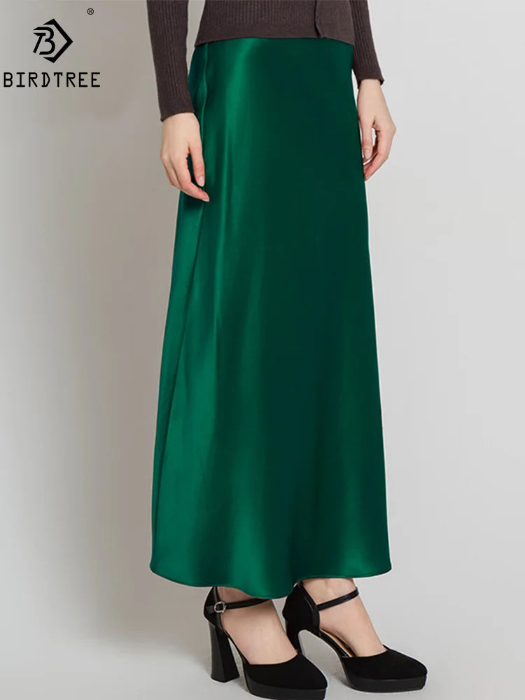BirdTree, 22MM 100%Real Silk Elegant Skirt, Women Elastic Waist Satin, High Quality Fashion Skirt, 2024 Summer Fall B47024QM