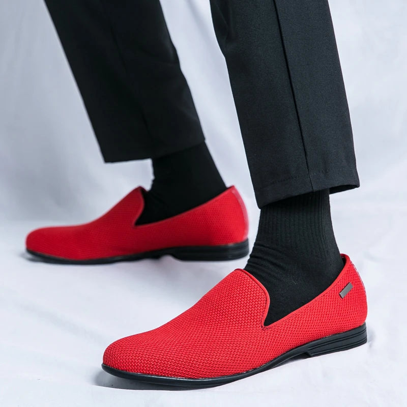 Orange Luxury Male Formal Shoes Summer Knit Breathable Oxfords Shoes Men Slip-on Pointed Toe Dress Loafers Men's Elegant Shoes