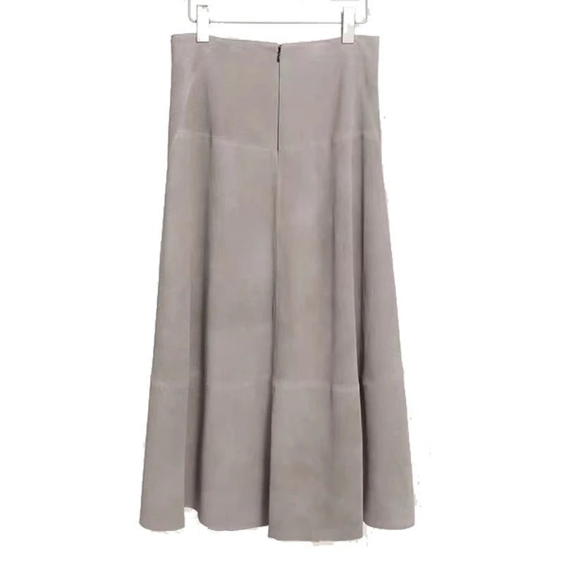 Women Purple Suede Leather Skirt 2025 Trend Spring Harajuku Big Hem 85 cm Long Faldas Mujer Chic Bohemian 100% Leather Dress