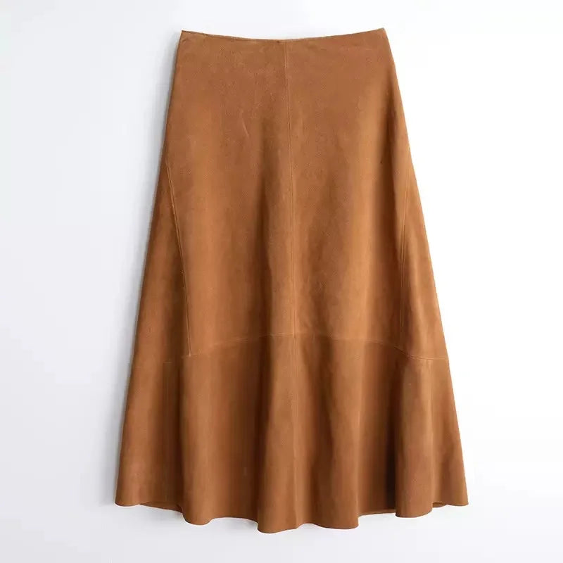 Women Purple Suede Leather Skirt 2025 Trend Spring Harajuku Big Hem 85 cm Long Faldas Mujer Chic Bohemian 100% Leather Dress