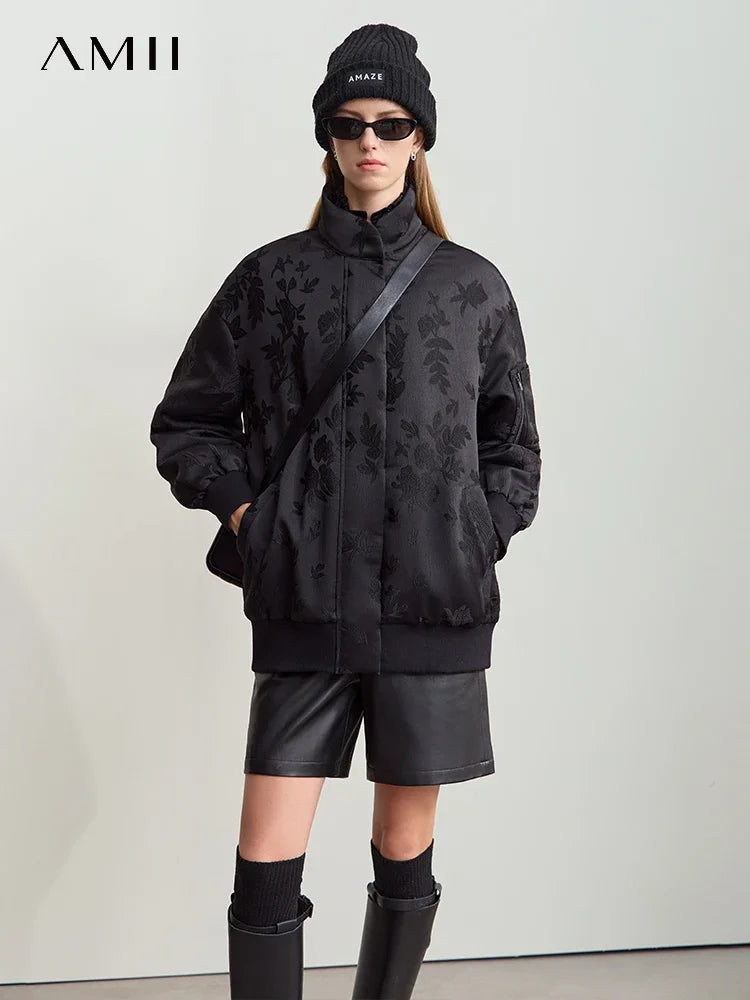 Amii Double Neck Down Sleeve Jacquard Solid Baseball Jacket Thickened Parkas 2025 Winter Women's Casual Loose Coats 12444198