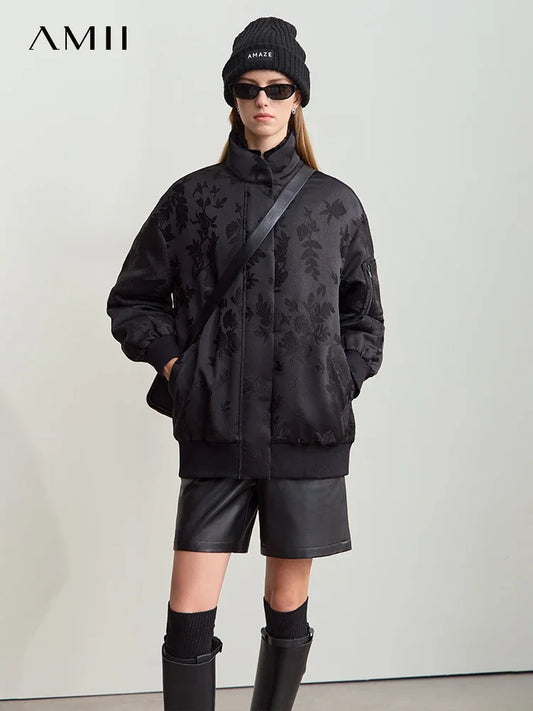 Amii Double Neck Down Sleeve Jacquard Solid Baseball Jacket Thickened Parkas 2025 Winter Women's Casual Loose Coats 12444198
