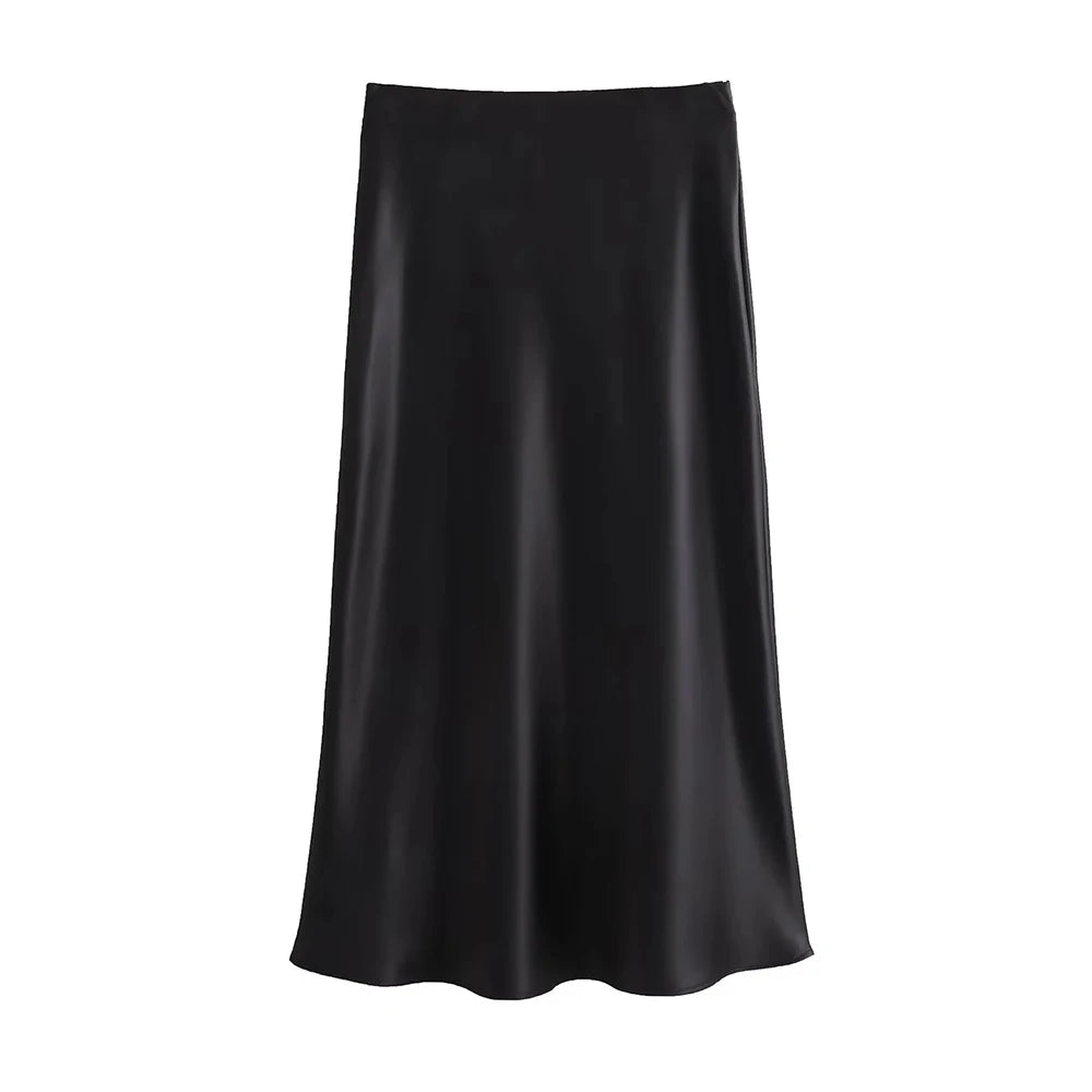 Women's Soft Touch Silk-Like Midi Skirt High Waist Elastic Waistband Chic Fashion Female Skirts Elegant Mujer