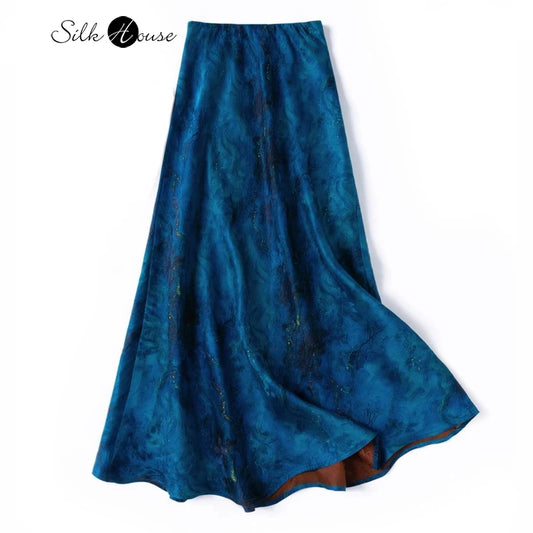 2025 Women's Fashion Spring New 100% Natural Mulberry Silk HuaLuo Gambiered Guangdong Gauze Slant Cut Slim Blue Big Swing Skirt