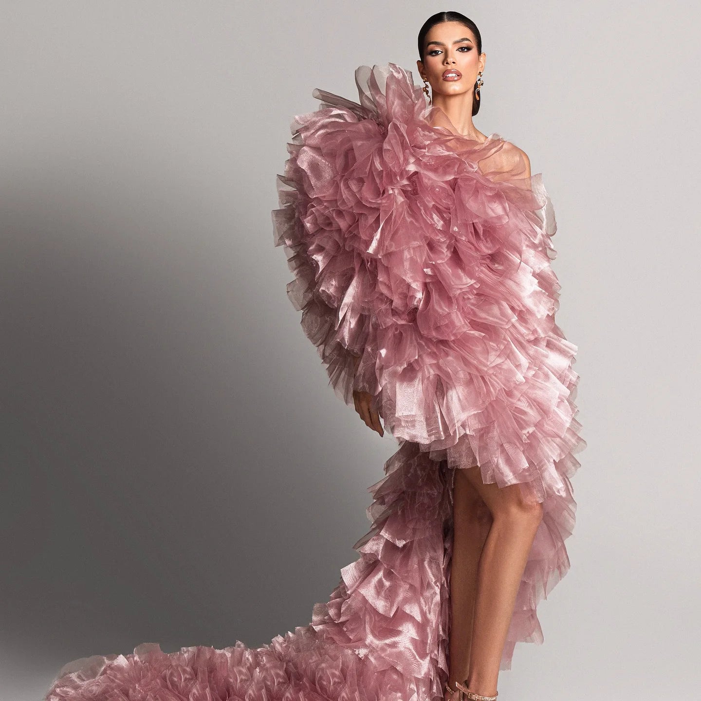 Beautiful Dusty Pink Organza Asymmetrical Women Dresses One Shoulder Layered Long Robe Matrnity Dress To Photoshoots