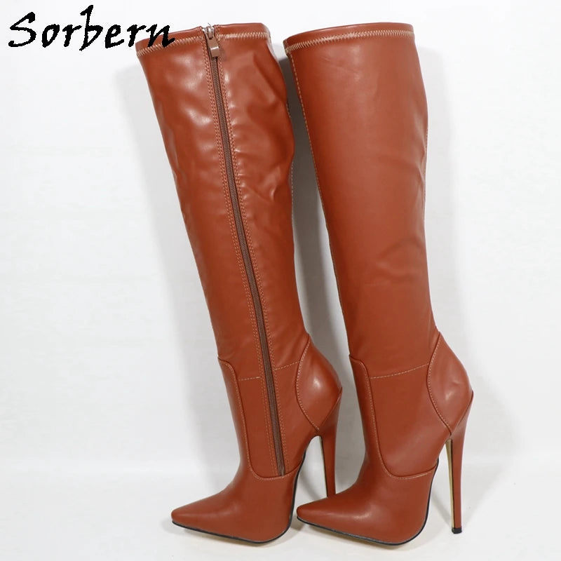 Sorbern Black Knee High Boots For Women 18Cm High Heel Stilettos Pointed Toe Custom Streched Matte Black Shoes