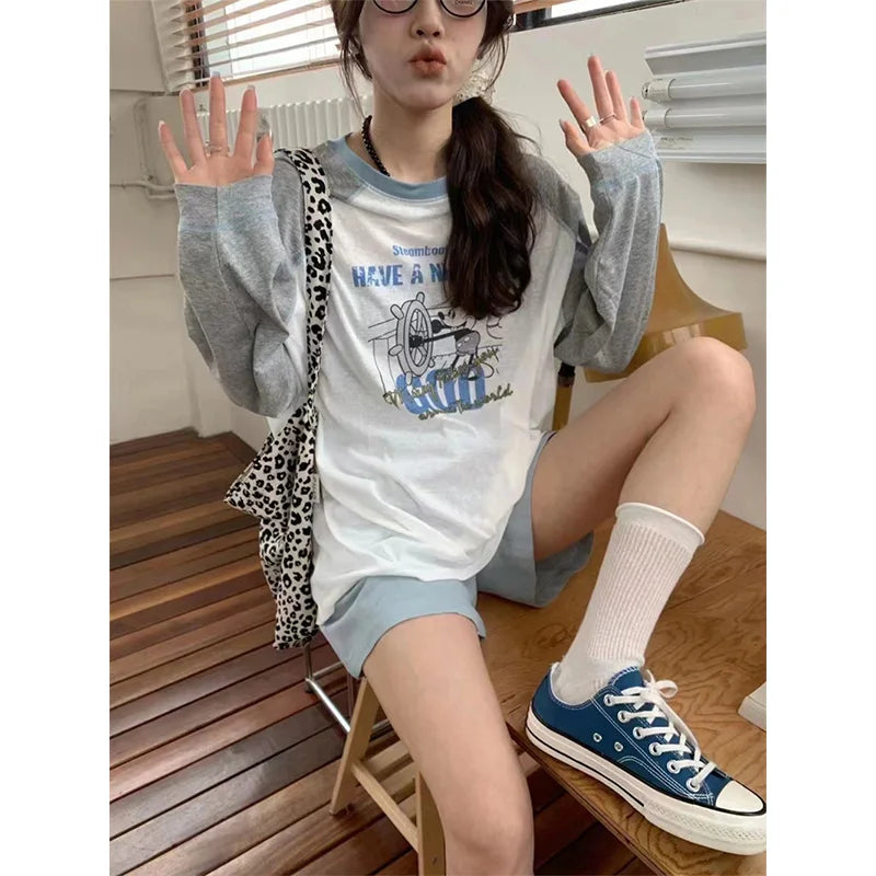 Summer Lightweight Long Sve T-irt Women's Snowflake Cotton Printed Casual Loose Fit round Ne Cartoon Design Top