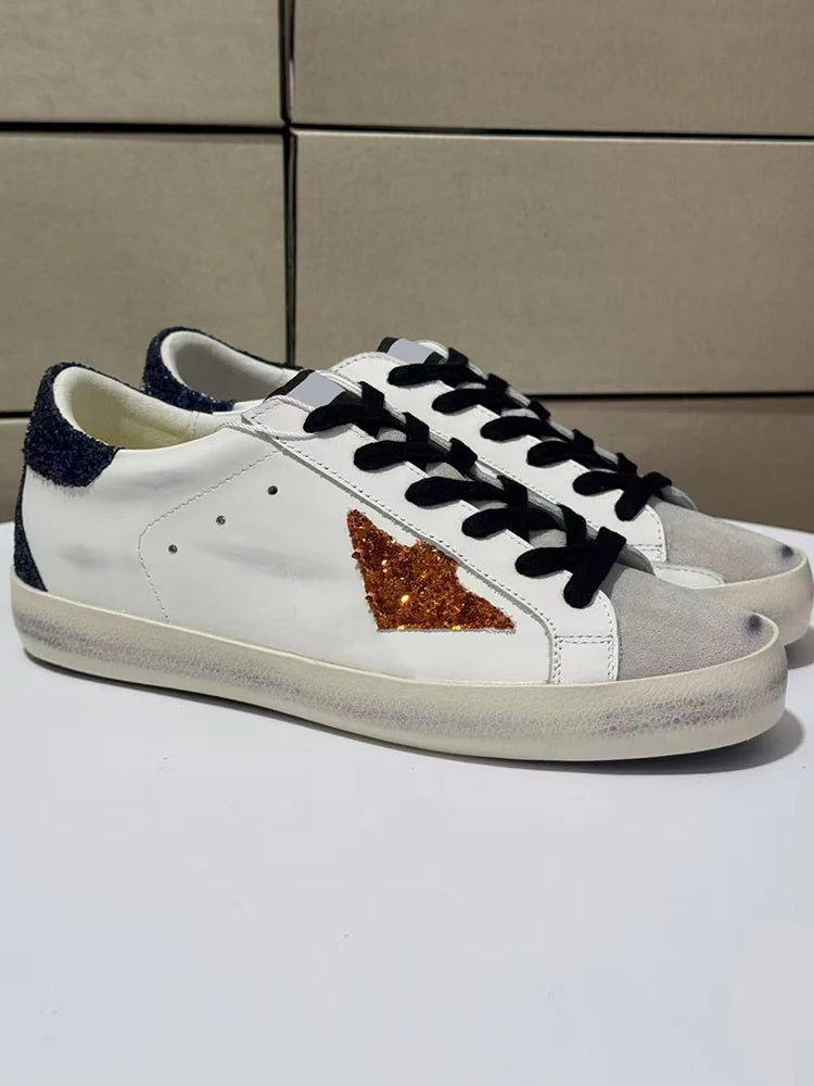 Spring Summer Fashion Party Casual Low-top Shiny Shoelaces Shoes Women's Sequins Round Toe Patchwork Flat Bottom Sports Shoes