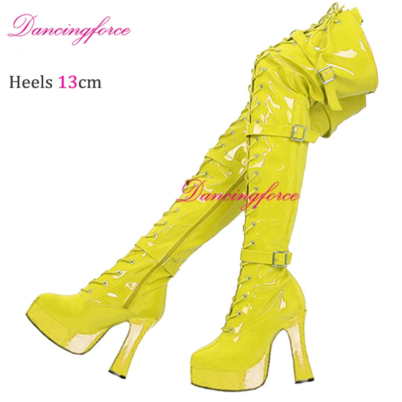 Sexy Green 13cm Chunky Heels Over Knee Boots 3 Buckles Belts Thick Platform Nightclub Party Dance Thigh High Long Boots Women