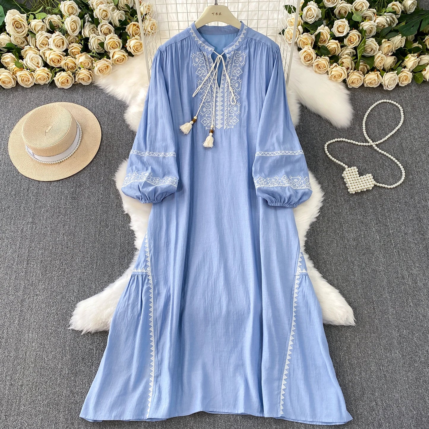 Blue Heavy Embroidery Gentle Wind Long Dr Women's Loose Lantern Sve Stand Collar Spring Autumn Faion plus Size Dr