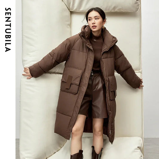 SENTUBILA Straight Hooded Parkas Women Winter 2025 Thick Solid Oversized Cotton Coat Casual Mid-length Outwear Female W44M57388