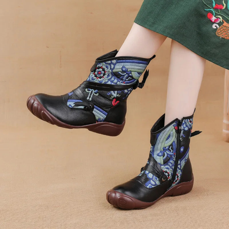 Xiuteng 2023 Ethnic Style Printed Retro Genuine Leather Shoes Women's Boots For Warmth And Comfort Cotton Ankle Shoes