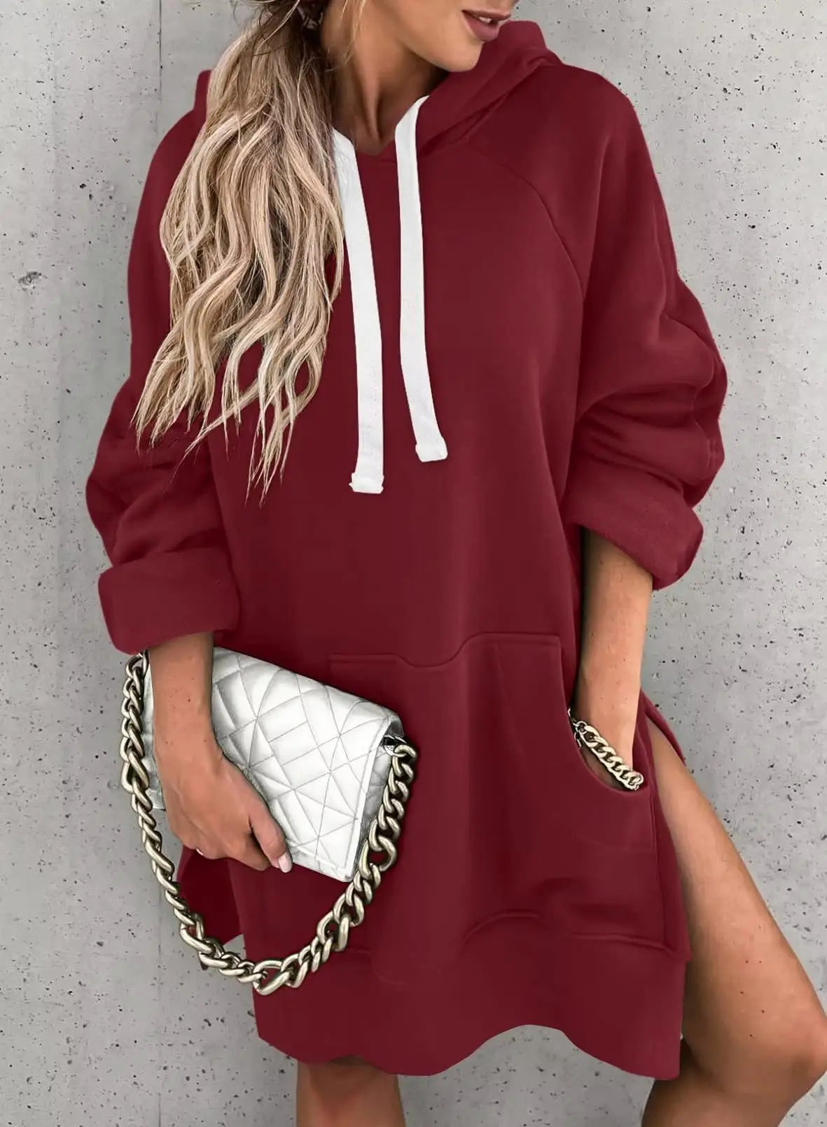 2025 European and American Foreign Trade Autumn and Winter New Women's Solid Color Hooded Mid-length Sweatshirt