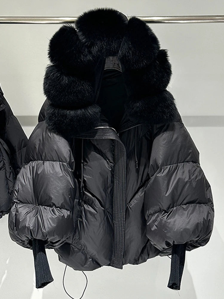 Winter Hooded Natural Large Fur Collar Down Jacket Female Warm Quilted Lantern Sleeve Jacket Women White Duck Down Solid Outwear