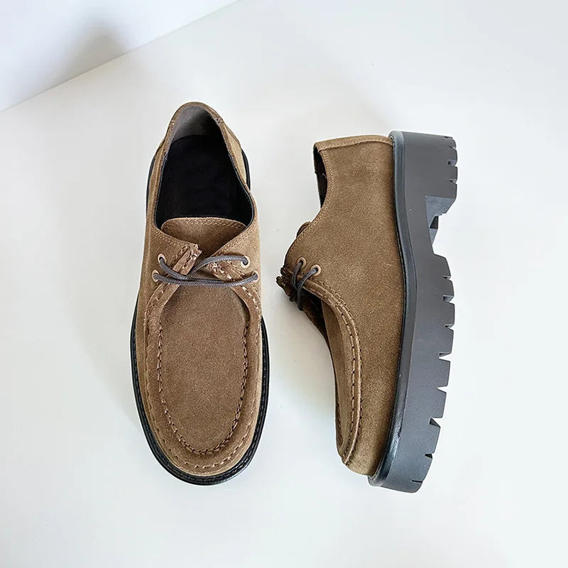 2025 New Products Women's Derby Shoes Genuine Leather Brown Suede Round-Toed Lace-up Thick Soled Versatile Loafer For Women