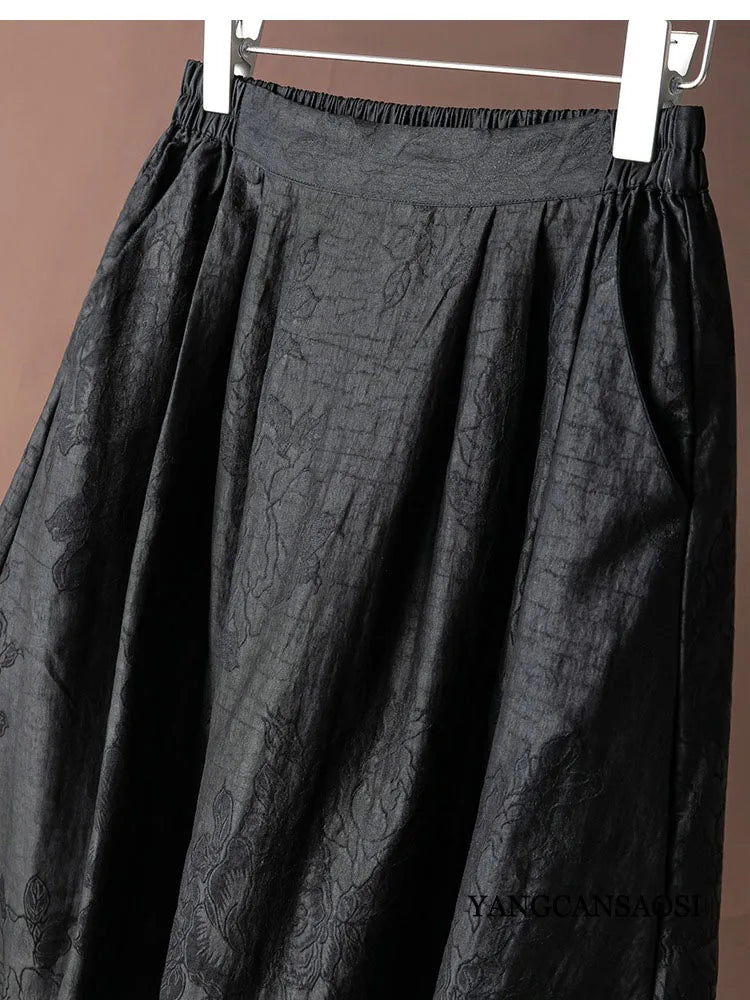 2025 Women's Fashion Summer New 100% Natural Mulberry Silk Turtle Crack Gambiered Guangdong Gauze Elastic Waist Black Skirt