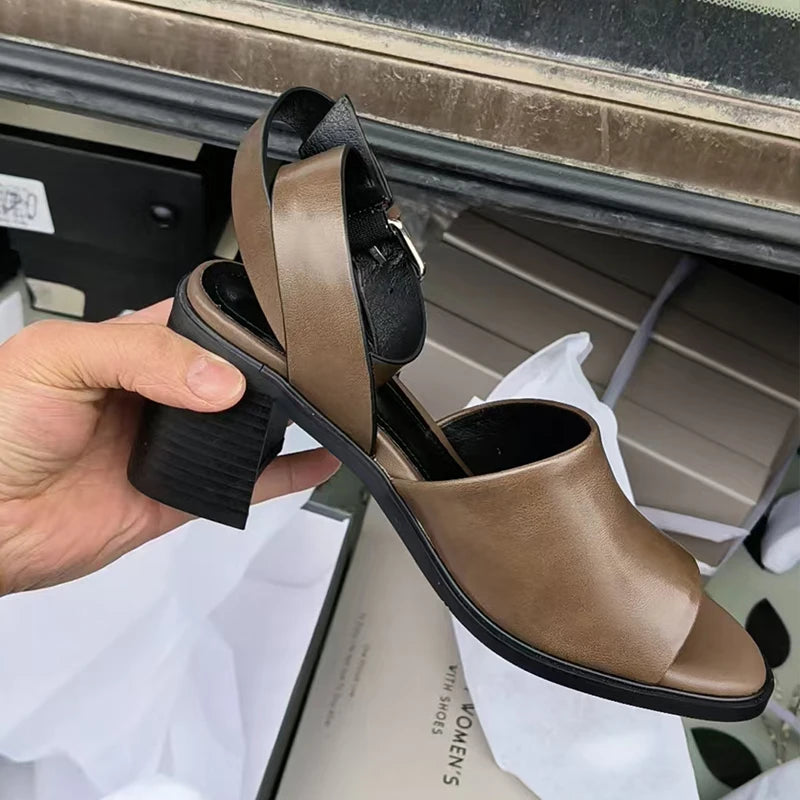 Fashion Genuine Leather Women Sandals 2025 Summer New Shoes Open Toe Rome Style High Heels Fashion Buckle Gladiator Shoes Woman