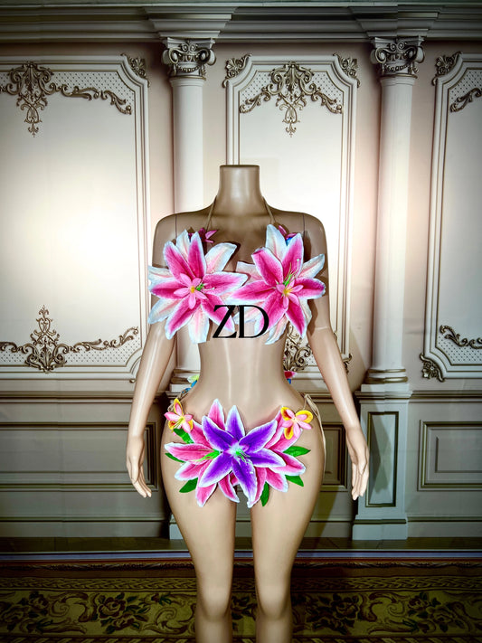 Sexy Colorful Big Flowers Transparent Bikini Dress Women Dancer Show Stretch Stage Costume Outfit Evening Prom Party Biniki Set